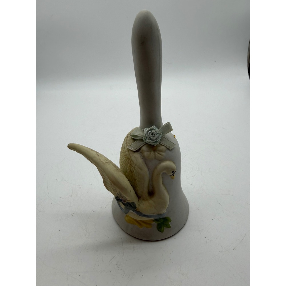 Vintage 1992 Ceramic Swan Hand Bell 3D Wing Blue Rose Christmas Gift Decor 6.25"